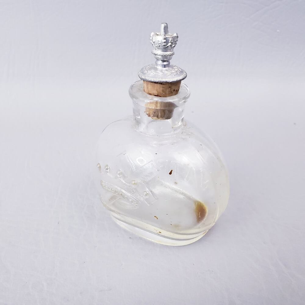 Antique Holy Water Embossed Cross Rounded Glass Bottle Crown Stopper & Cork 3.5